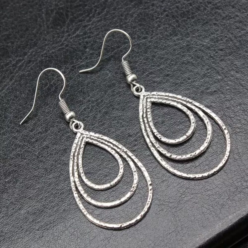 Silver Triple Open Teardrop Dangle Pendant Earrings Lghtwght Drop Textured Charm